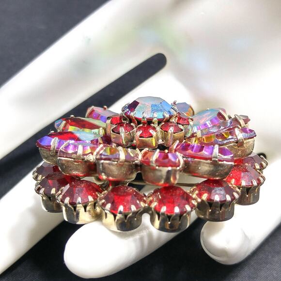 Vintage Red Rhinestone Floral Brooch, Aurora Borealis, 1960s, 1 7/8 Inches - Picture 10 of 15